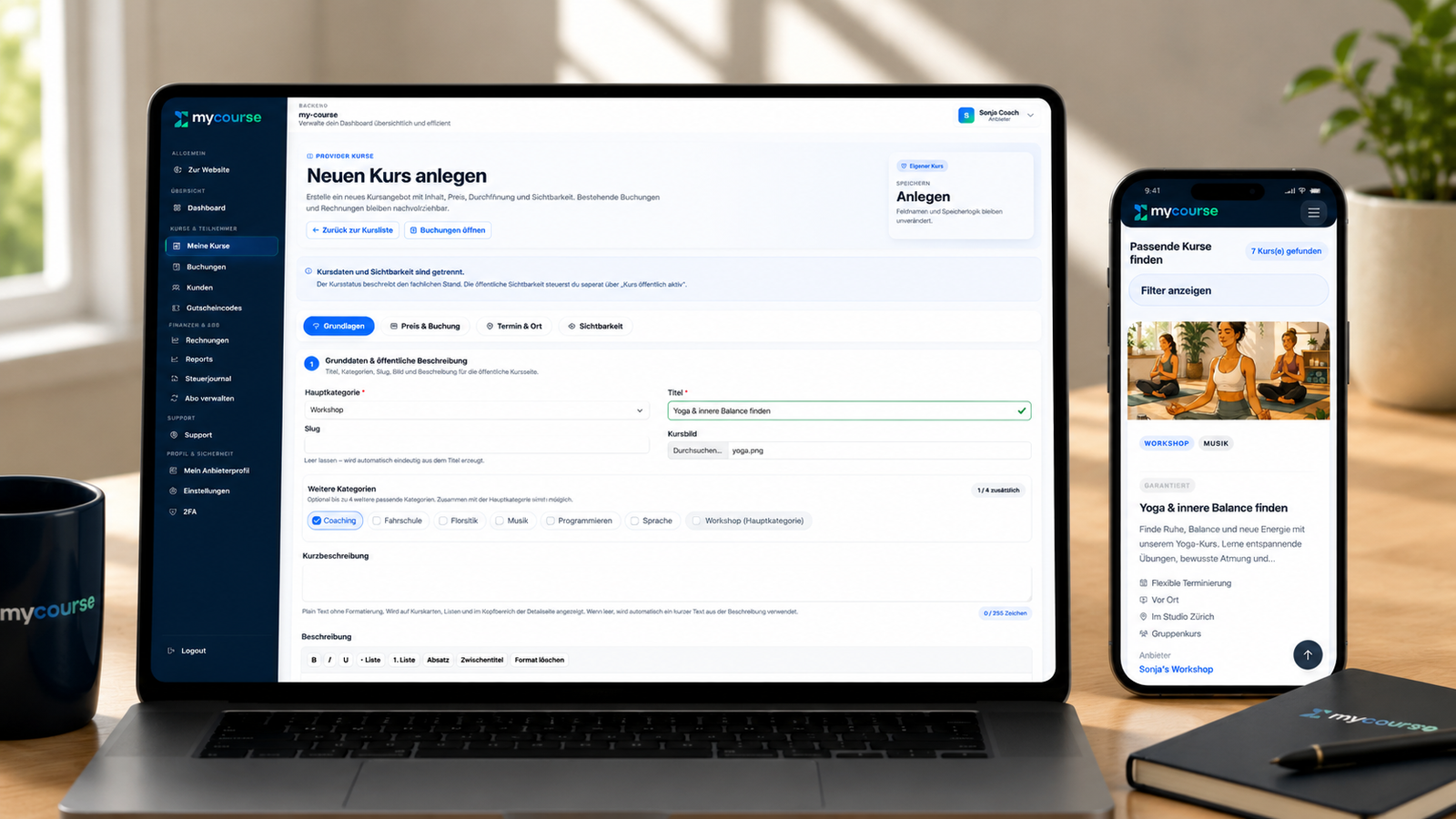 Anbieterbereich: Neuen Kurs anlegen mit mobiler Kursansicht